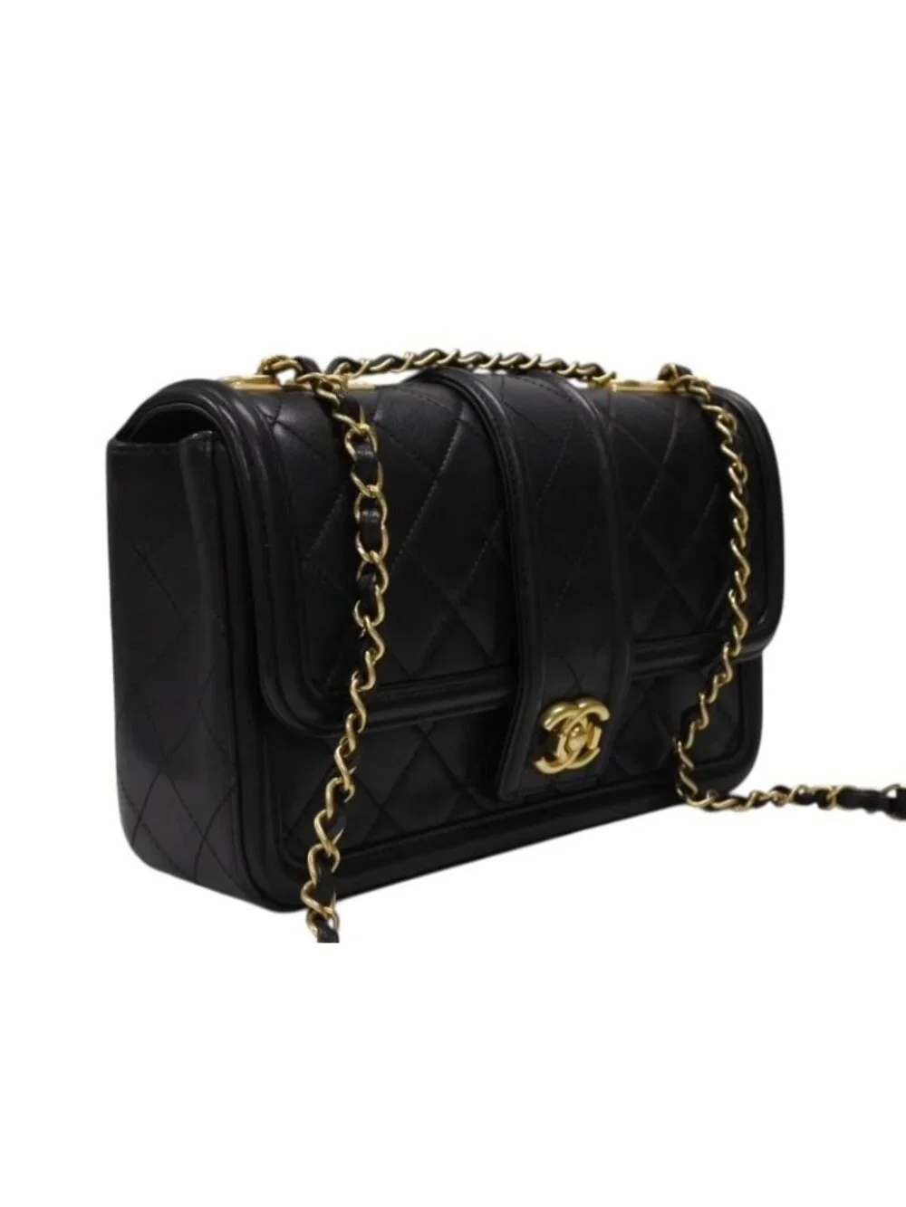 Chanel S Flap Chain Shoulder Bag CC Logo Lambskin Black Gold